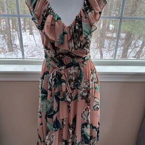 PatBO Pink and Green Ruffled Tie Front Midi Dress